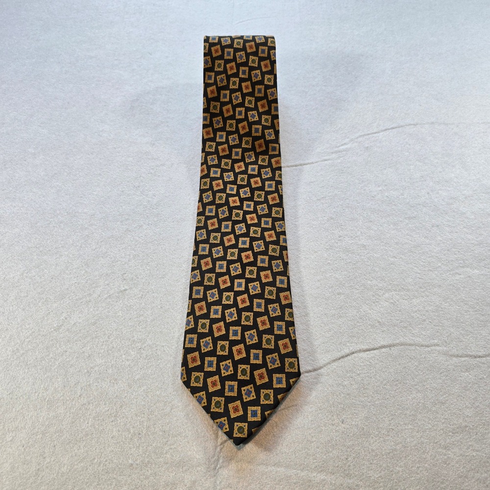 Mariano Rubinacci Napoli Silk Tie- Black Gold Geometric Medallion - Italy - Mint